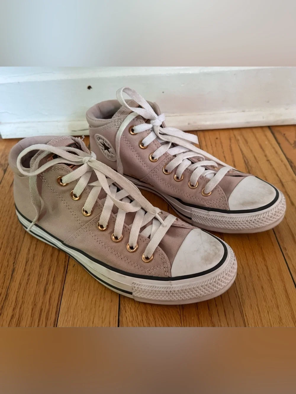 Converse High Top Sneakers in Dusty Pink with Gold Eyelets